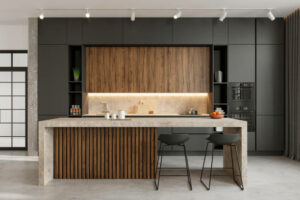 Large modern open space loft kitchen interior with large kitchen island and bar chairs. Copy space render